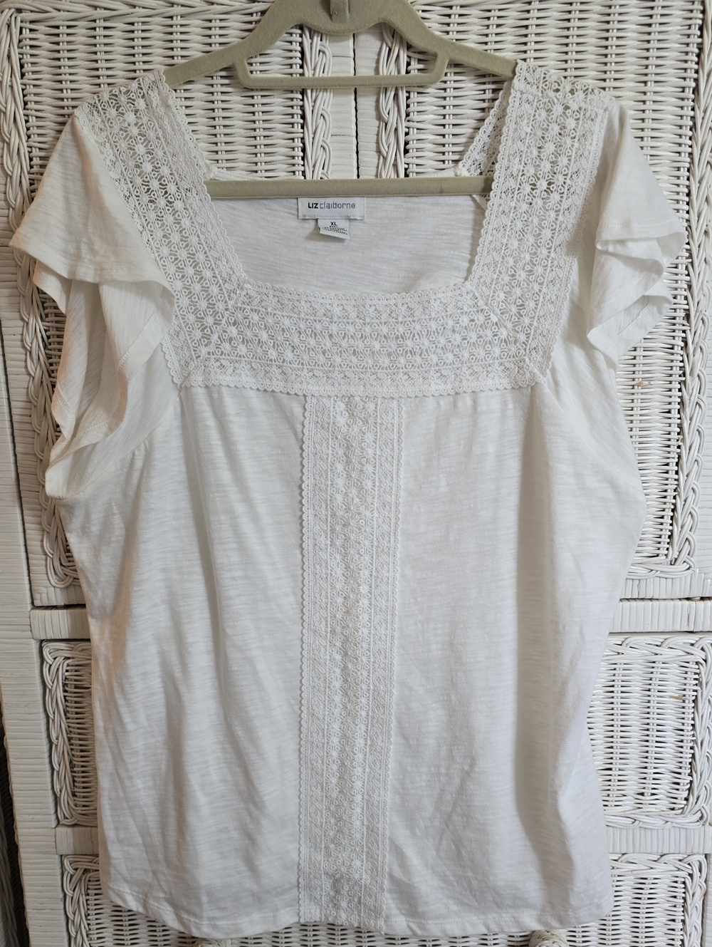 Liz Claiborne White Crochet-Detail Square Neck Blouse